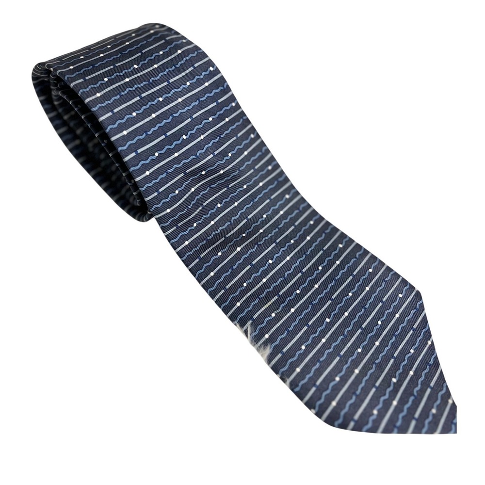 Hermes Silk Tie Blue White Waves Dots Geometric Pattern Luxury Mens Accessory
